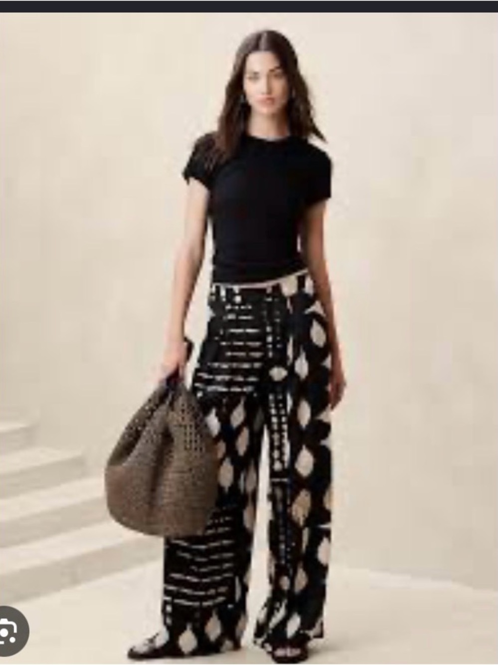Banana Republic Factory Silky Pleated Black Beige Print Wide Leg Pant 00P